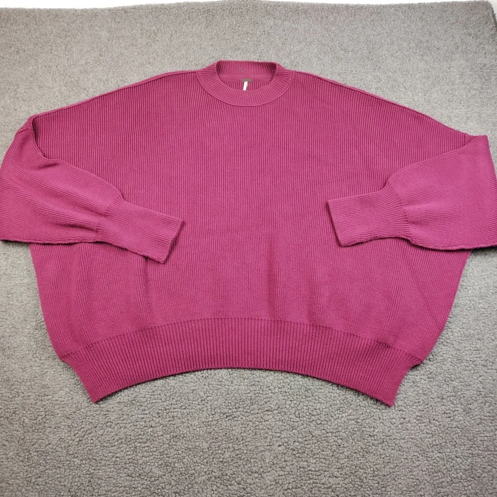 Free People Sweater Sz Large Ottoman Slouchy Magenta Pink Ribbed Knit Oversized